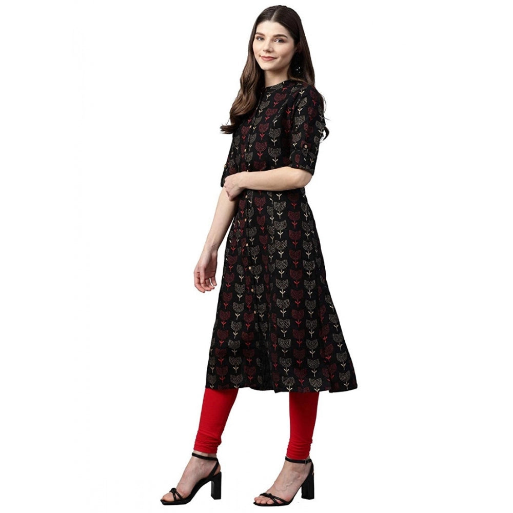 Generic Women's Cotton Printed A Line Kurti (Black, Cotton) Secondary image