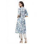 Generic Women's Cotton Printed Floral Print Kurti (White, Blue, Cotton)