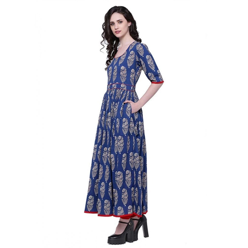 Generic Women's Cotton Printed Anarkali Kurti (Blue, Cotton) Secondary image