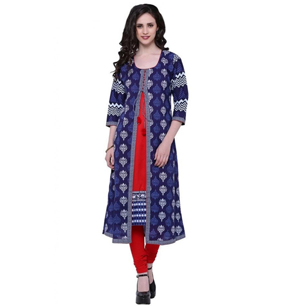 Generic Women's Cotton Printed Long Kurti (Blue, Red, Cotton) Main image