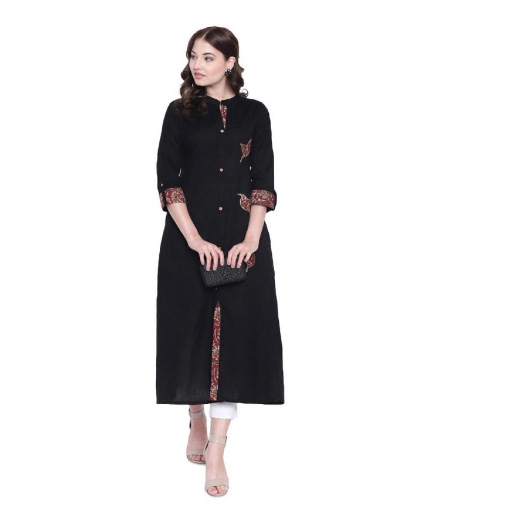 Generic Women's Khadi Printed A Line Kurti  (Black, Khadi) Main image