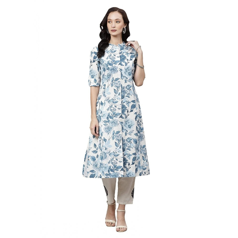Generic Women's Cotton Printed Floral Print Kurti (White, Blue, Cotton) Main image