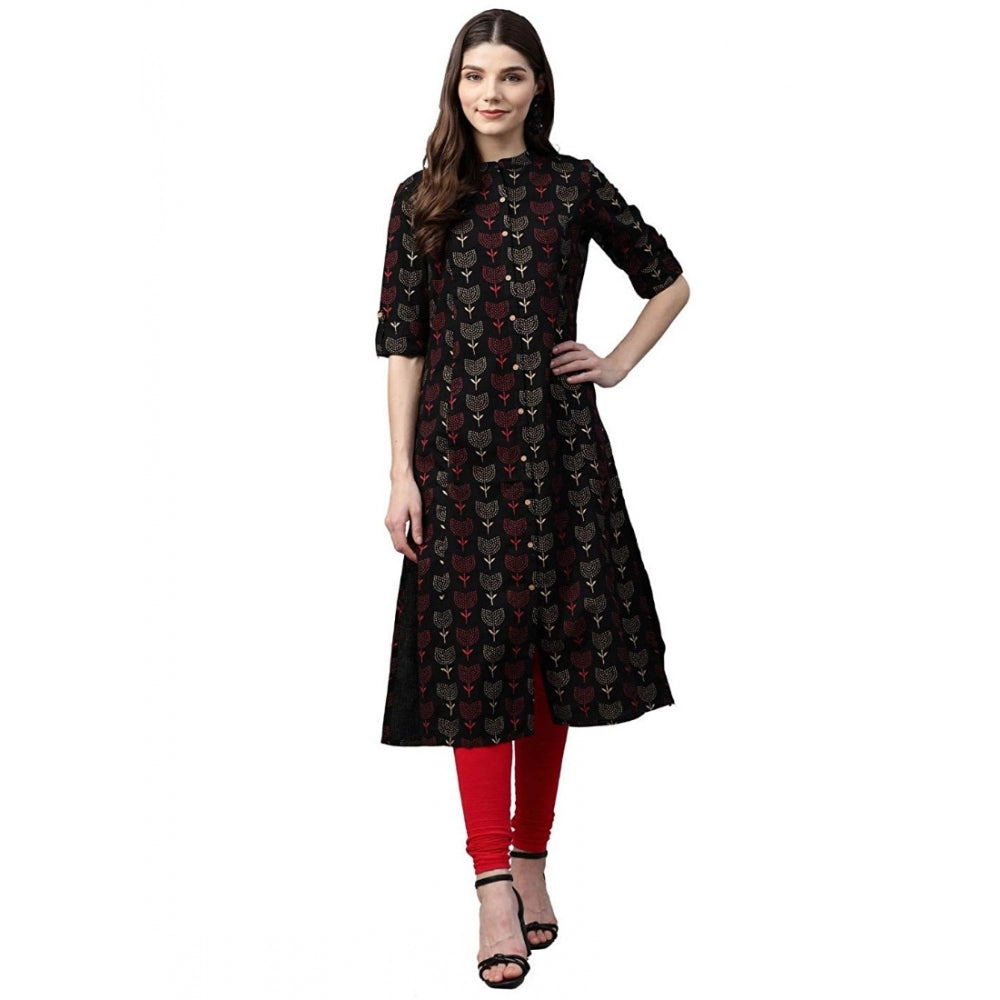 Generic Women's Cotton Printed A Line Kurti (Black, Cotton) Main image