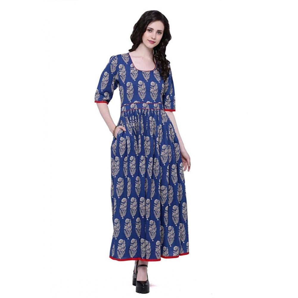 Generic Women's Cotton Printed Anarkali Kurti (Blue, Cotton) Main image