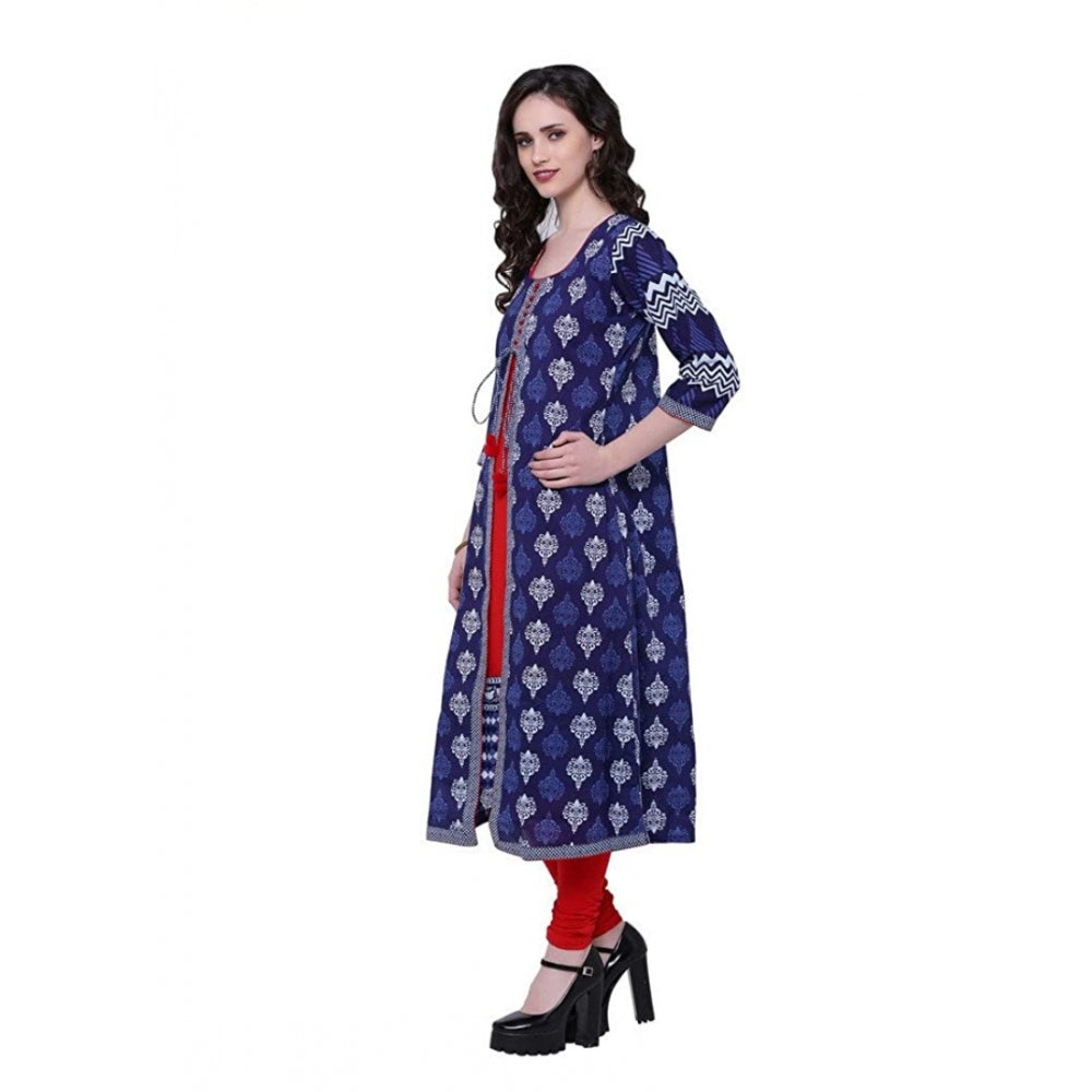Generic Women's Cotton Printed Long Kurti (Blue, Red, Cotton) Secondary image