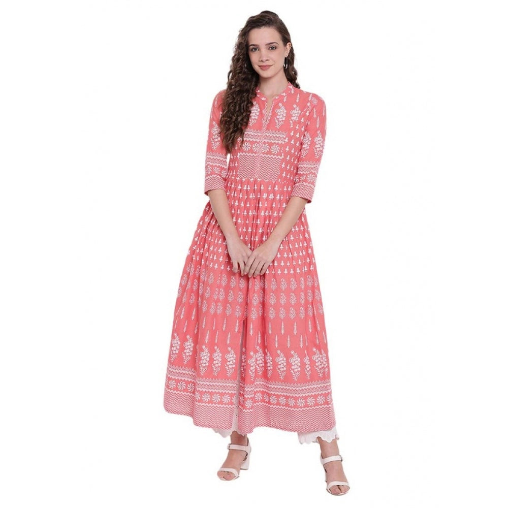 Generic Women's Cotton Printed Regular Kurti (Peach, Cotton) Main image