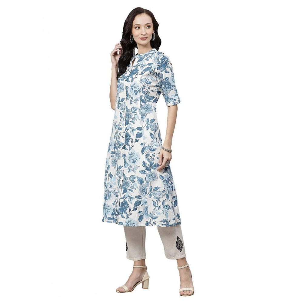 Generic Women's Cotton Printed Floral Print Kurti (White, Blue, Cotton) Secondary image