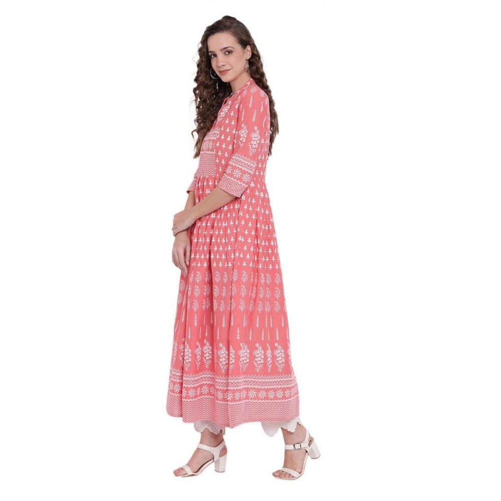 Generic Women's Cotton Printed Regular Kurti (Peach, Cotton)