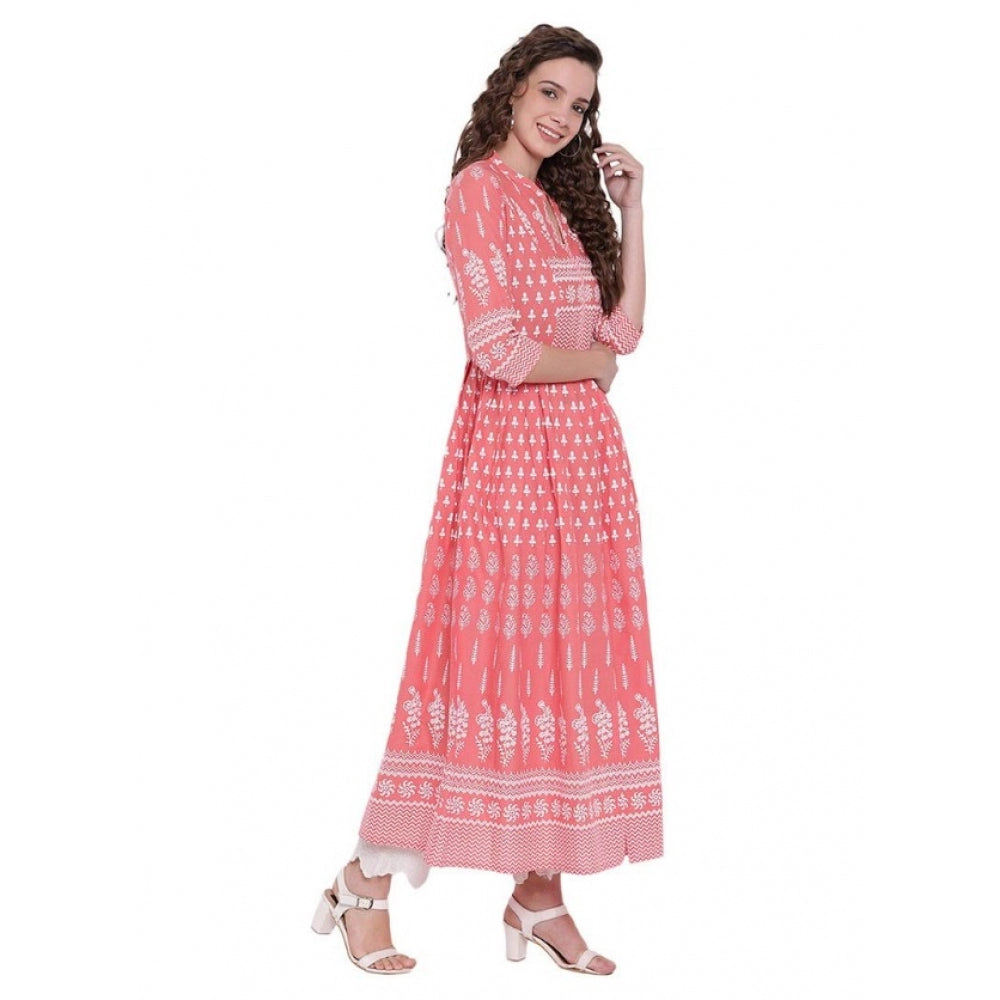 Generic Women's Cotton Printed Regular Kurti (Peach, Cotton) Secondary image