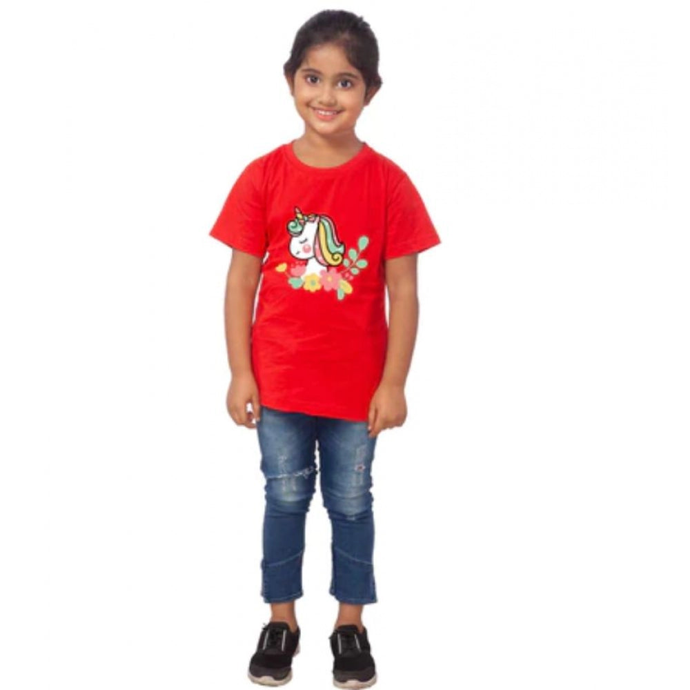 Generic Girls Cotton Unicorn Face Half Sleeve TShirt (Red) Main image