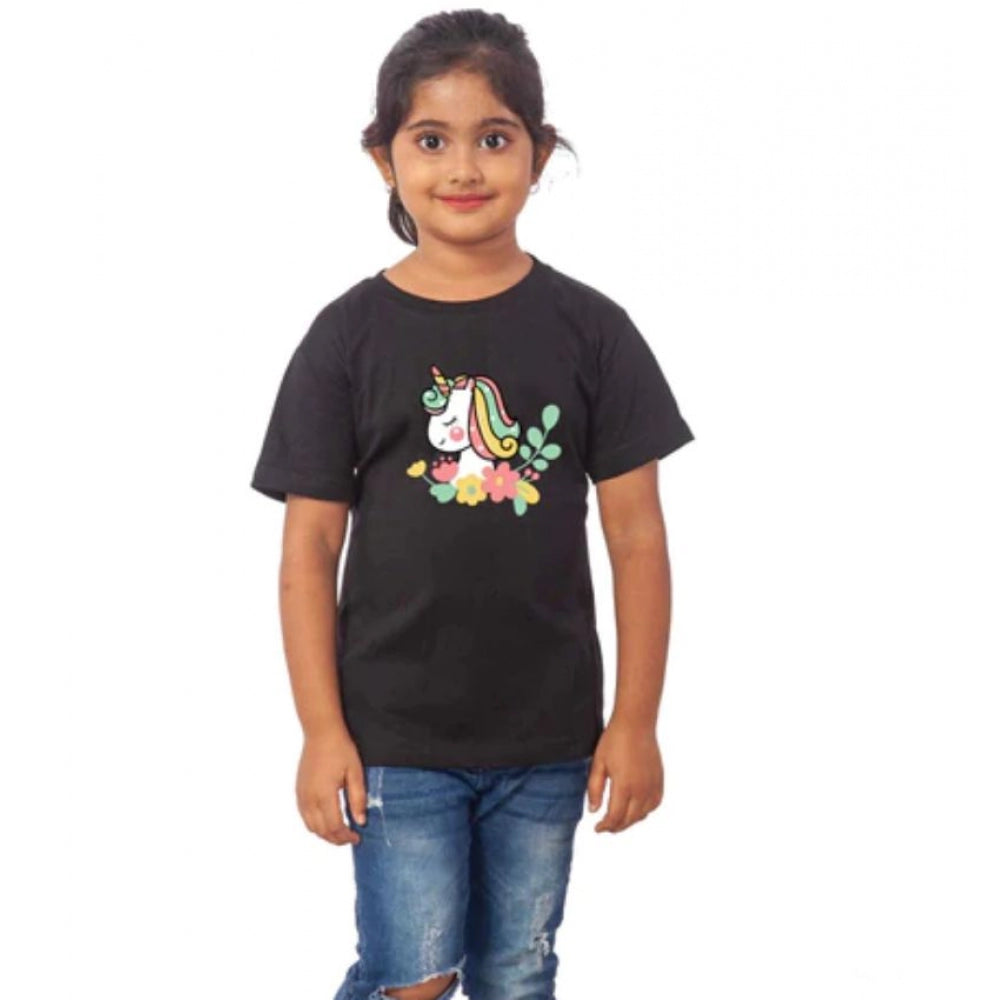 Generic Girls Cotton Unicorn Face Half Sleeve TShirt (Black) Secondary image