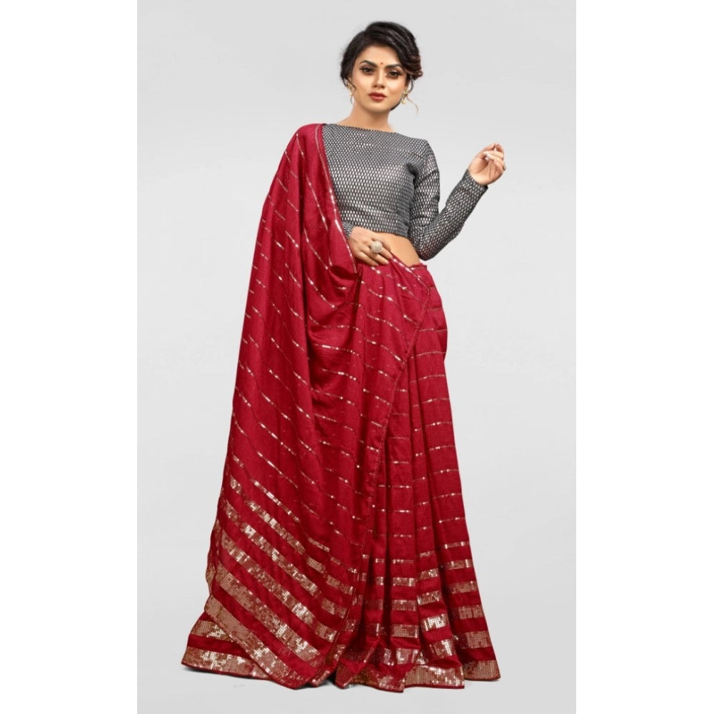 Generic Women's Vichitra Saree with Blouse (Red, 5-6 Mtrs) Secondary image
