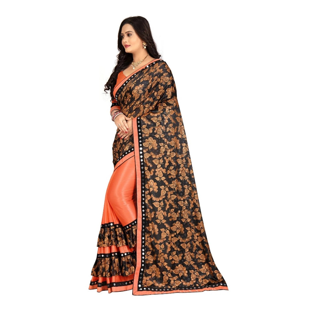 Generic Women's Lycra Blend Saree with Blouse (Orange, 5-6 Mtrs) Secondary image