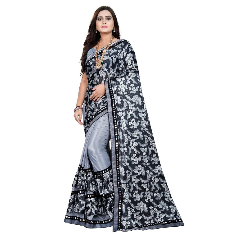 Generic Women's Lycra Blend Saree with Blouse (Grey, 5-6 Mtrs) Main image
