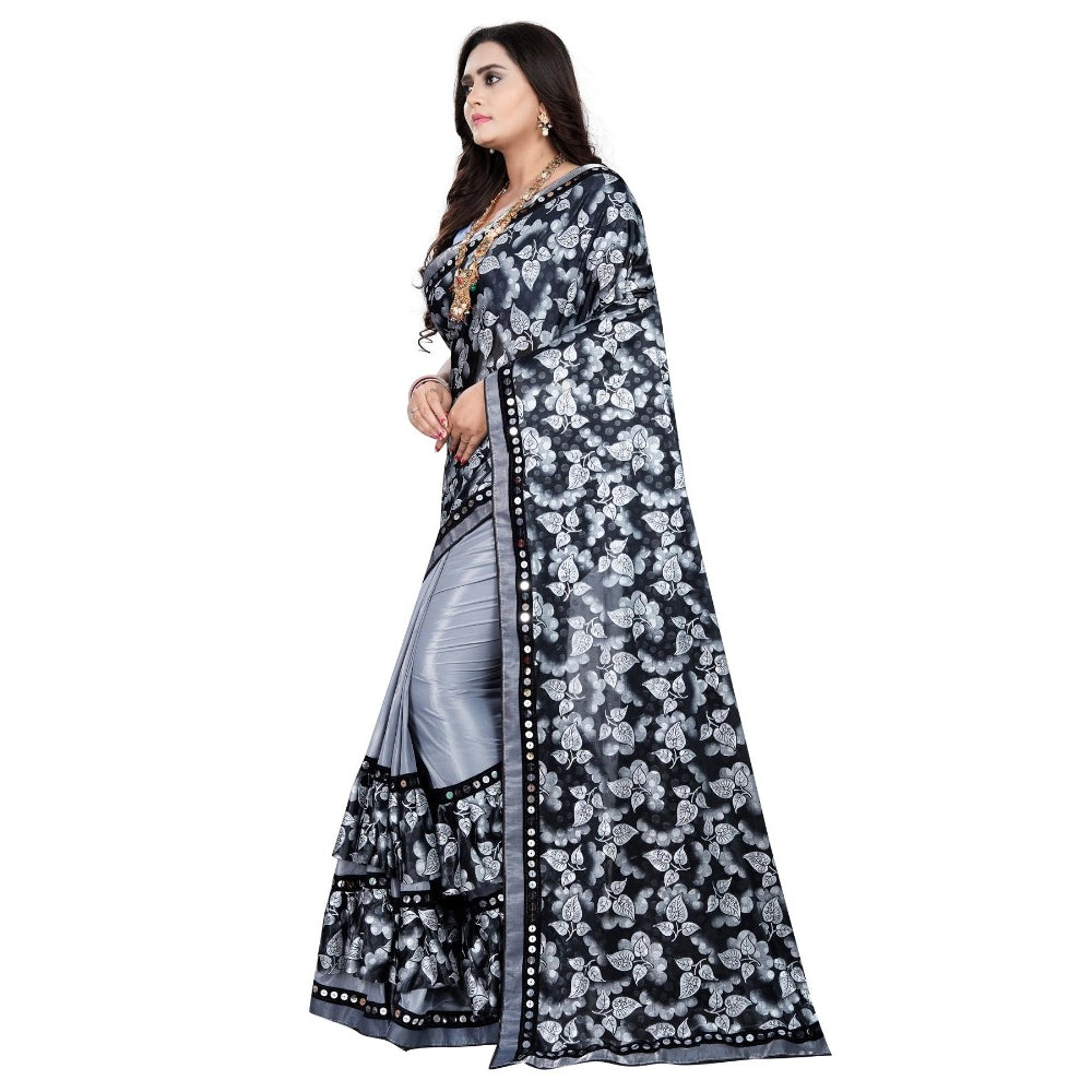 Generic Women's Lycra Blend Saree with Blouse (Grey, 5-6 Mtrs) Secondary image