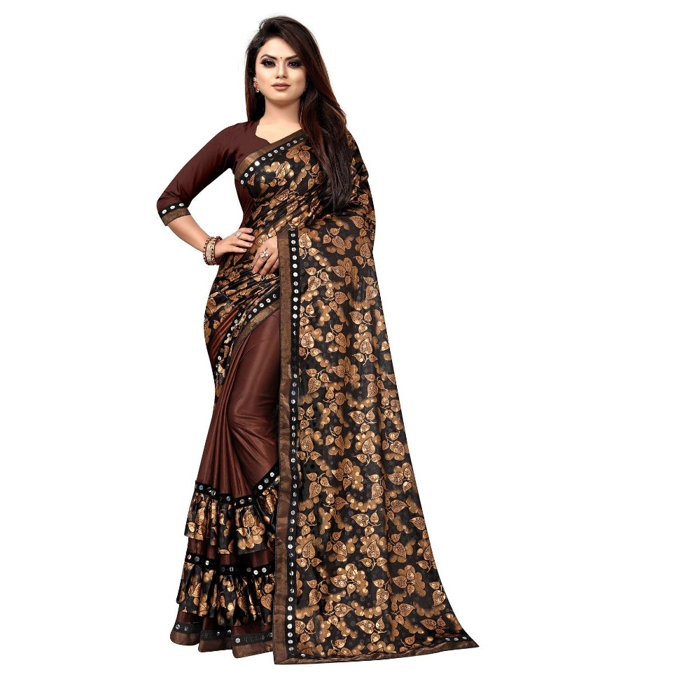 Generic Women's Lycra Blend Saree with Blouse (Coffee, 5-6 Mtrs) Main image