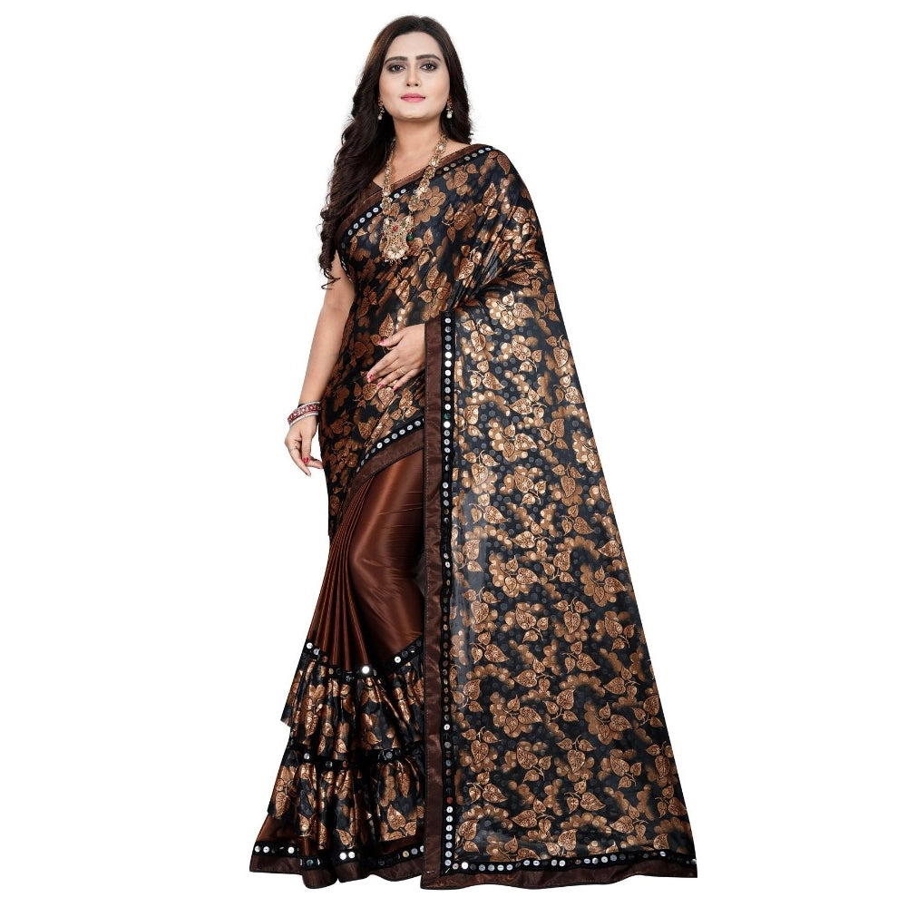 Generic Women's Lycra Blend Saree with Blouse (Coffee, 5-6 Mtrs) Main image