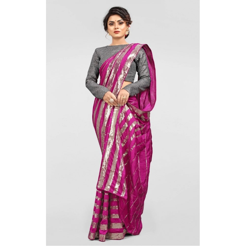 Generic Women's Vichitra Saree with Blouse (Pink, 5-6 Mtrs) Secondary image