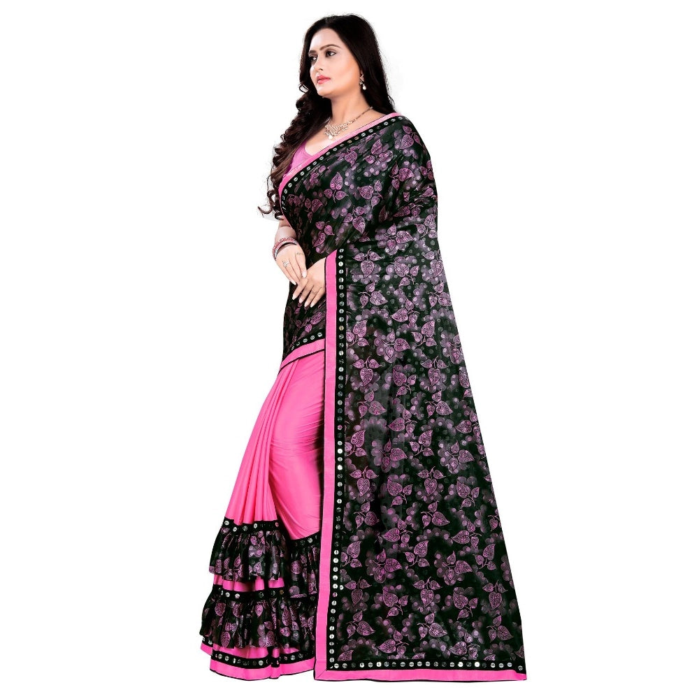 Generic Women's Lycra Blend Saree with Blouse (Pink, 5-6 Mtrs) Secondary image
