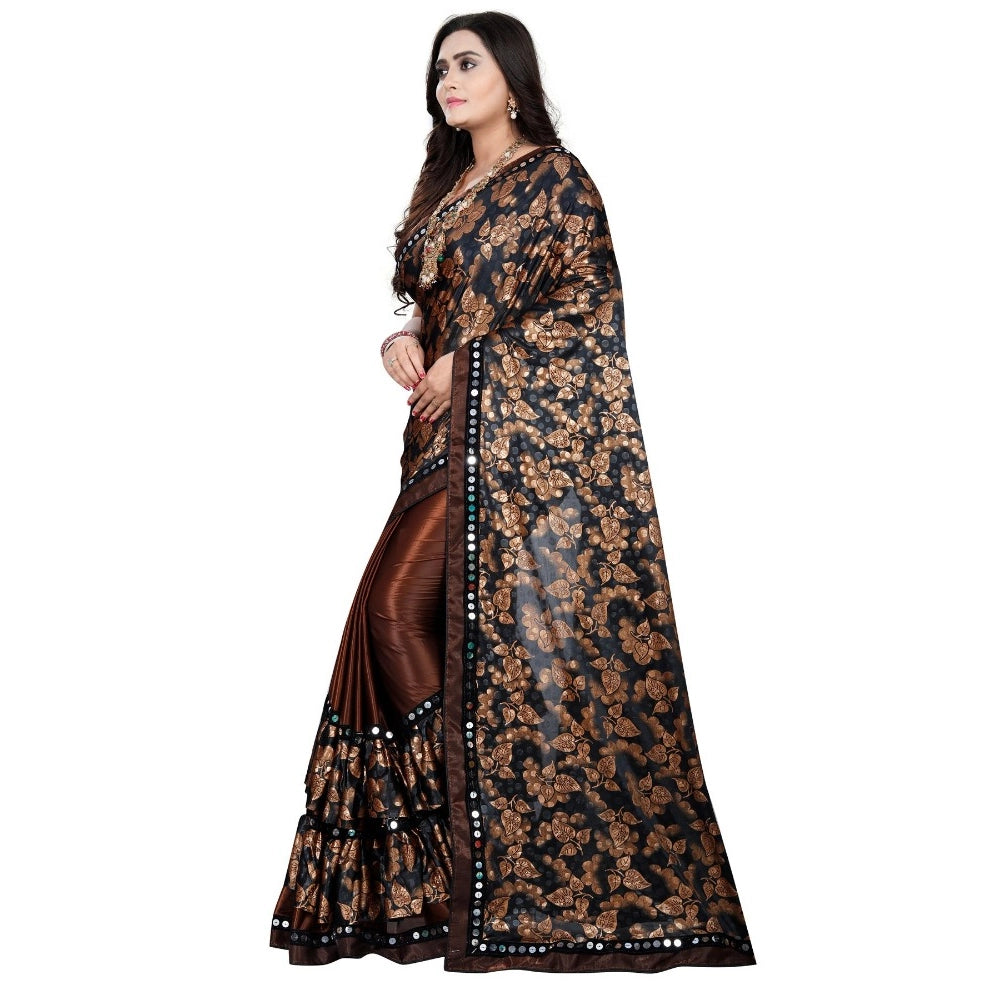 Generic Women's Lycra Blend Saree with Blouse (Coffee, 5-6 Mtrs) Secondary image