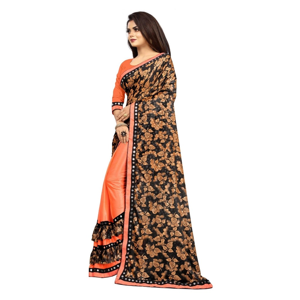 Generic Women's Lycra Blend Saree with Blouse (Orange, 5-6 Mtrs) Secondary image