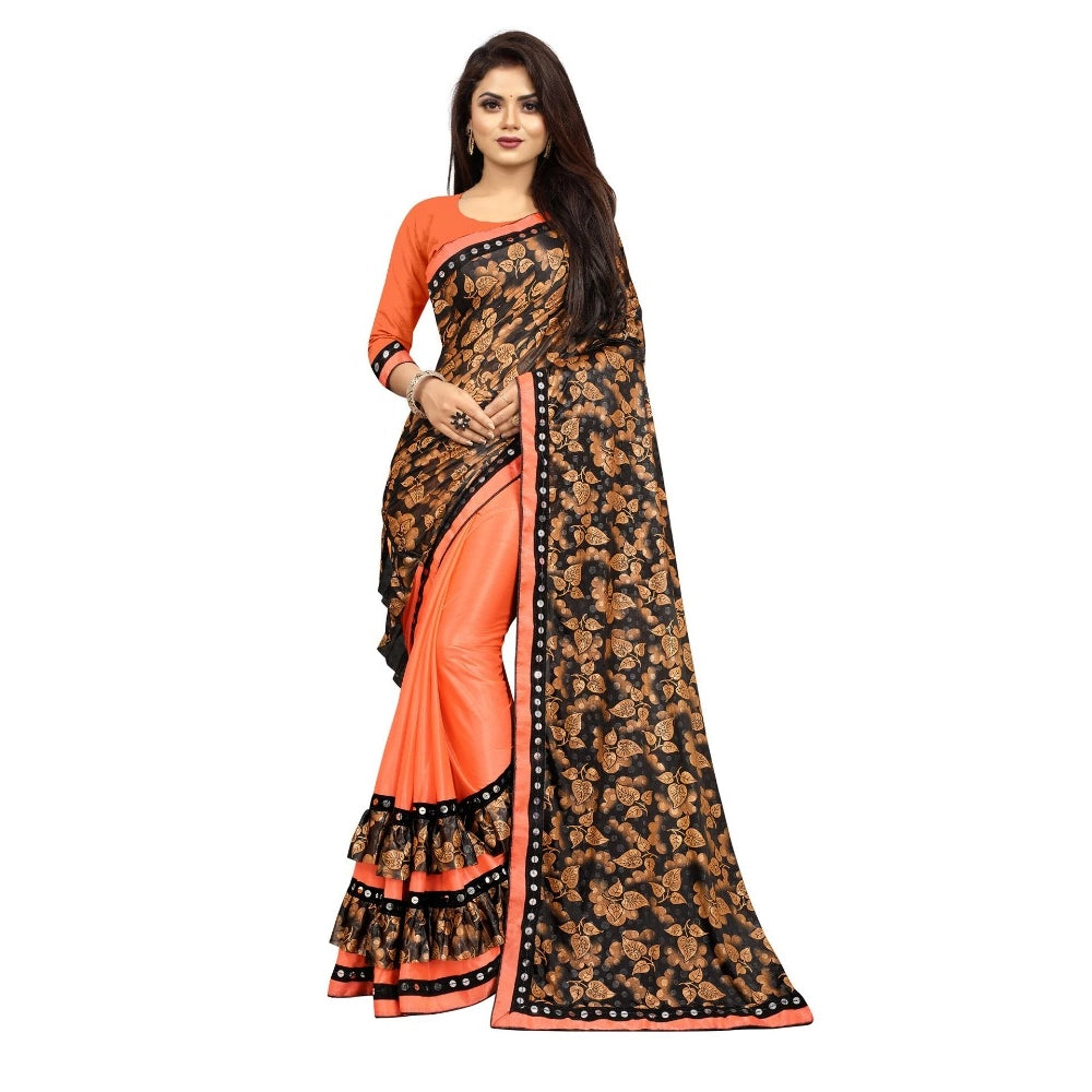 Generic Women's Lycra Blend Saree with Blouse (Orange, 5-6 Mtrs) Main image
