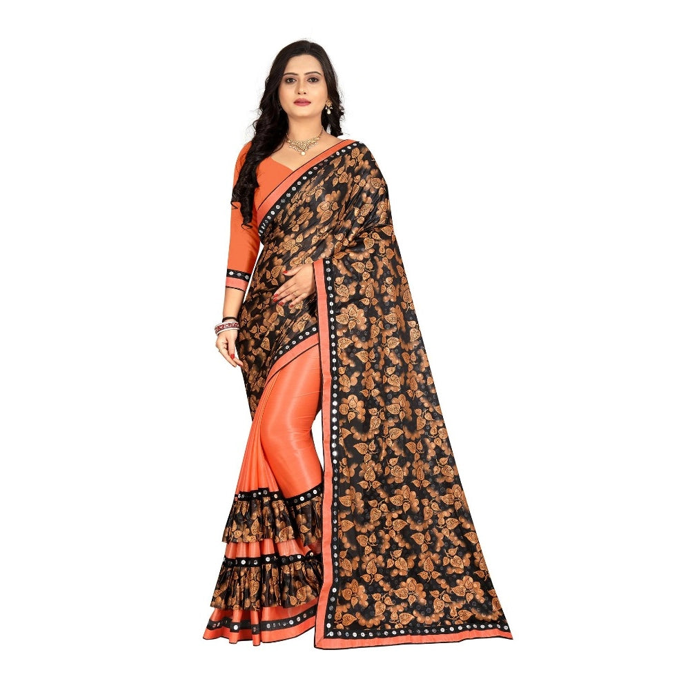 Generic Women's Lycra Blend Saree with Blouse (Orange, 5-6 Mtrs) Main image