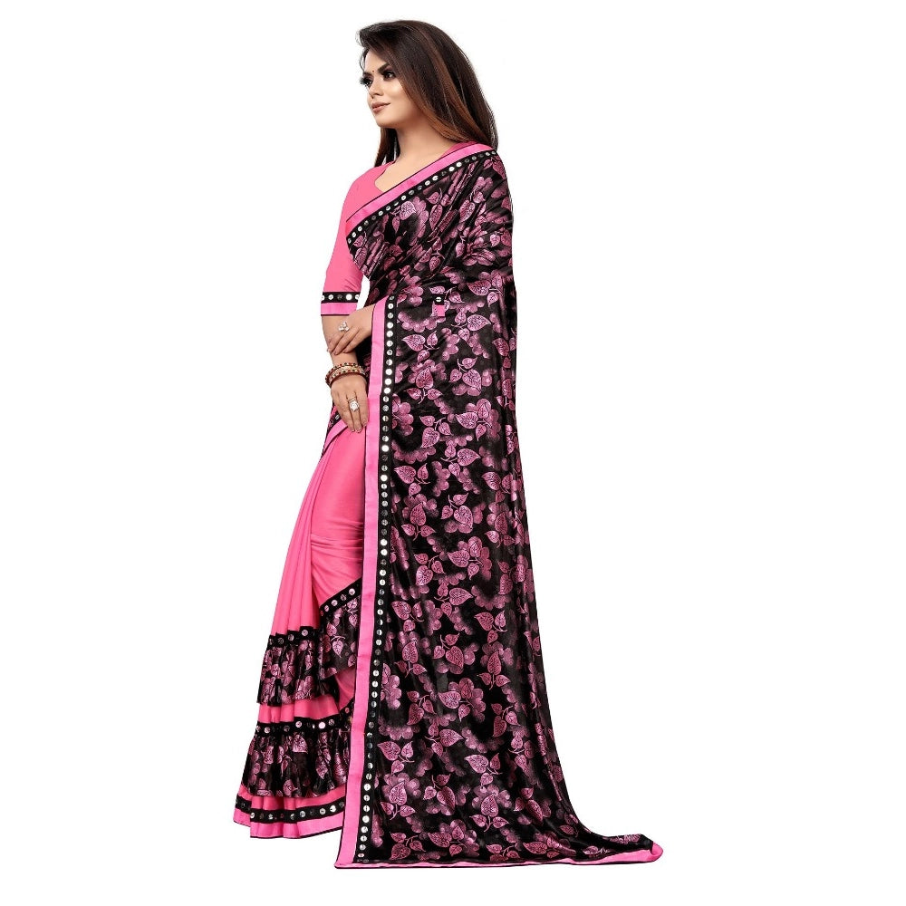 Generic Women's Lycra Blend Saree with Blouse (Pink, 5-6 Mtrs) Secondary image