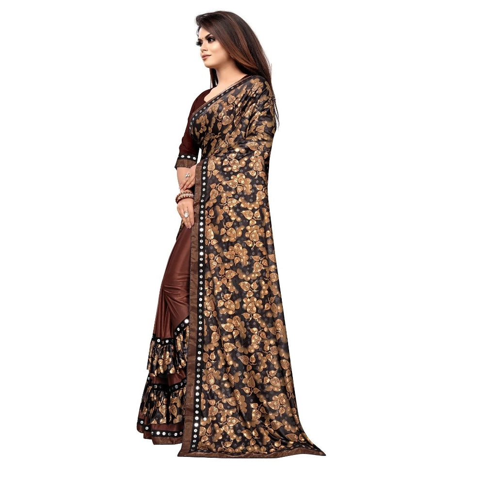 Generic Women's Lycra Blend Saree with Blouse (Coffee, 5-6 Mtrs) Secondary image