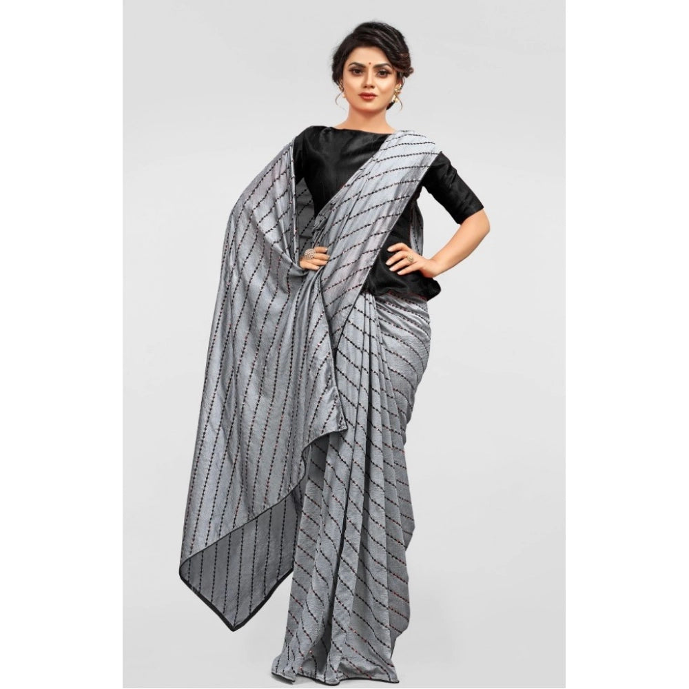 Generic Women's Vichitra Saree with Blouse (Grey, 5-6 Mtrs) Secondary image