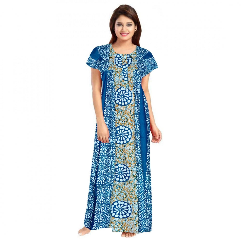 Generic Women's Cotton Printed Maxi Nighty (Blue) Main image