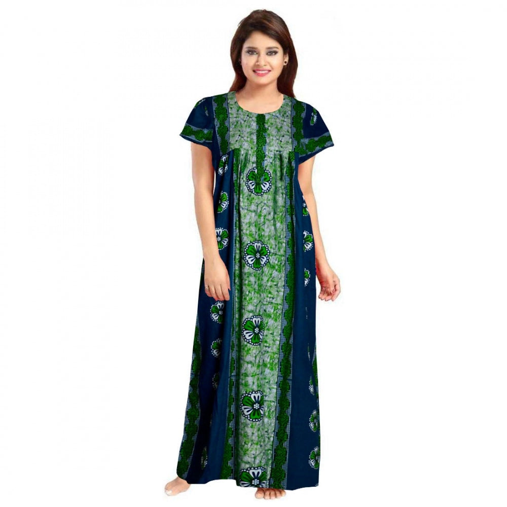 Generic Women's Cotton Printed Maxi Nighty (Green) Main image