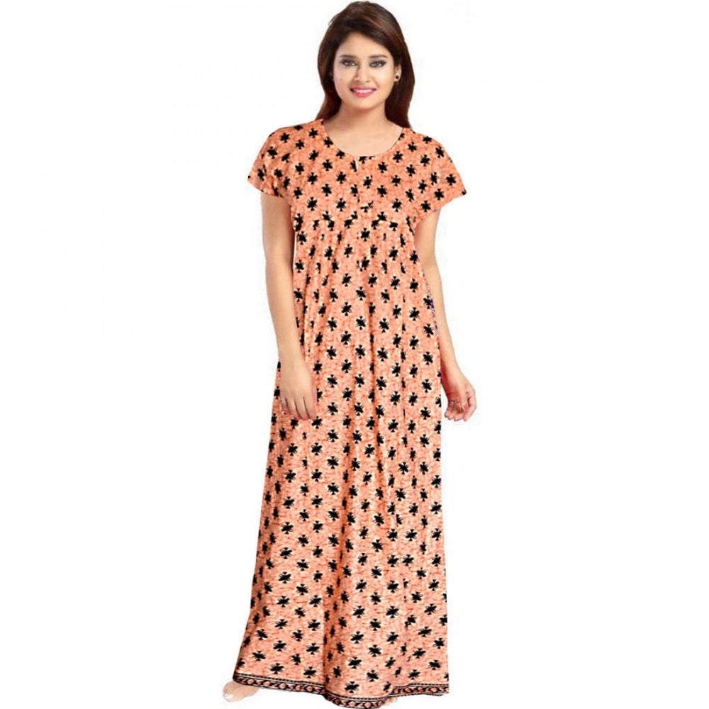 Generic Women's Cotton Printed Maxi Nighty (Peach) Main image