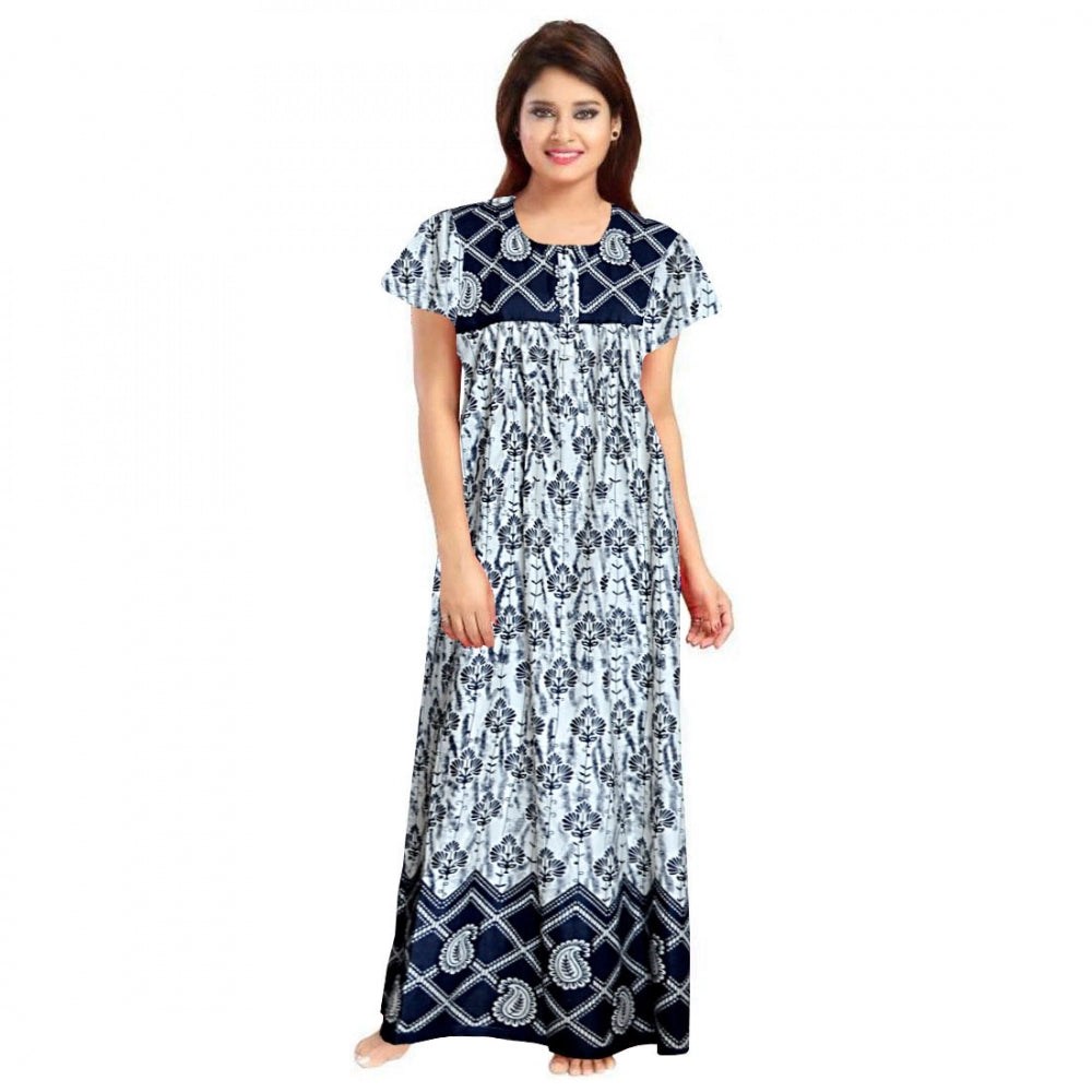 Generic Women's Cotton Printed Maxi Nighty (Navy Blue) Main image