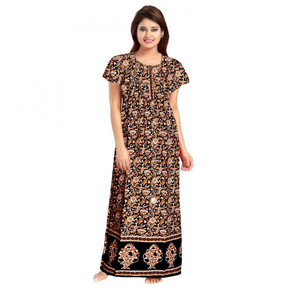 Generic Women's Cotton Printed Maxi Nighty (Brown) Main image