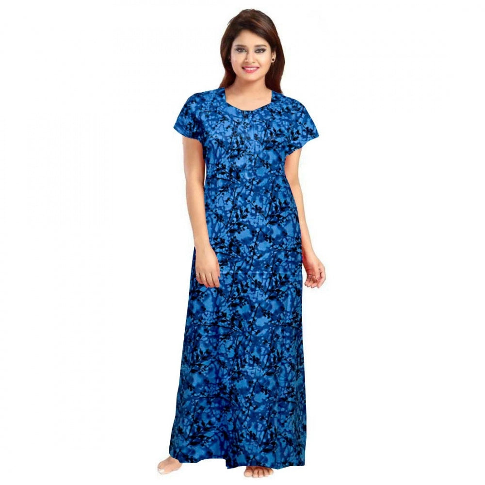 Generic Women's Cotton Printed Maxi Nighty (Blue) Main image