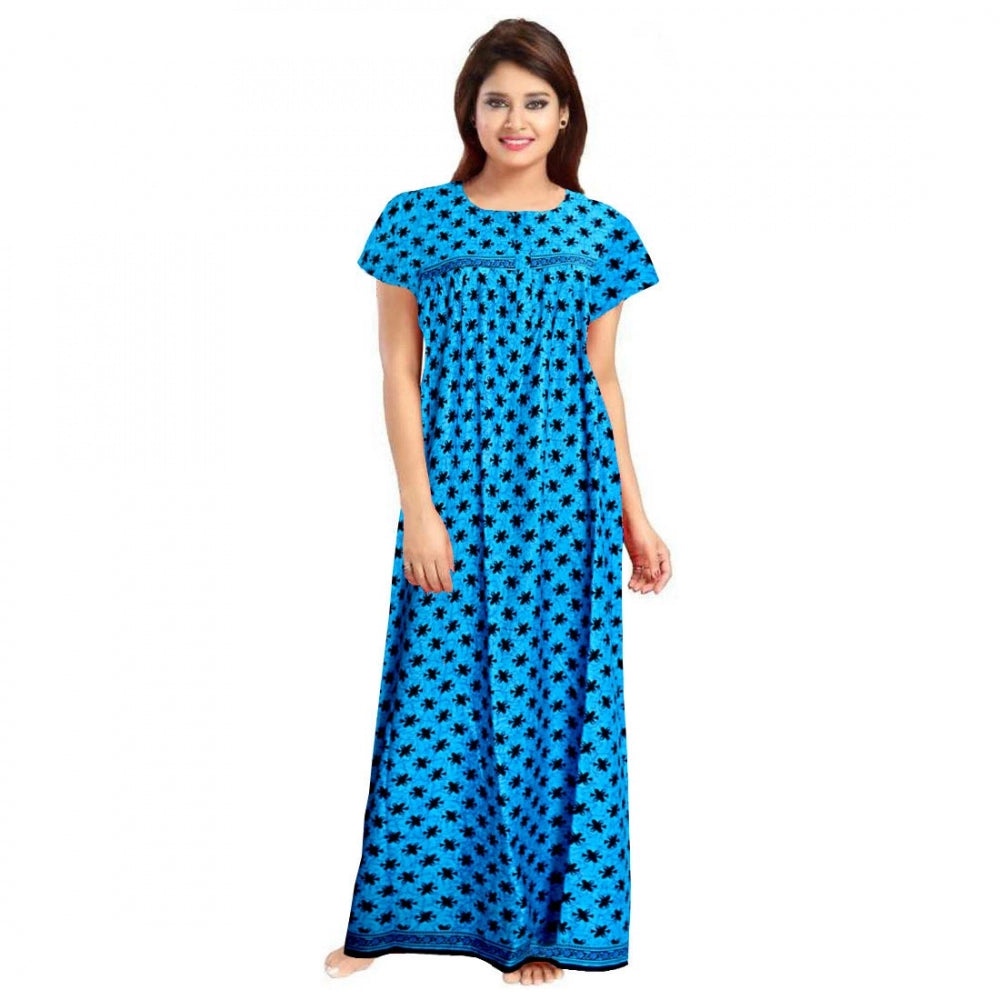 Generic Women's Cotton Printed Maxi Nighty (Aqua Blue) Main image