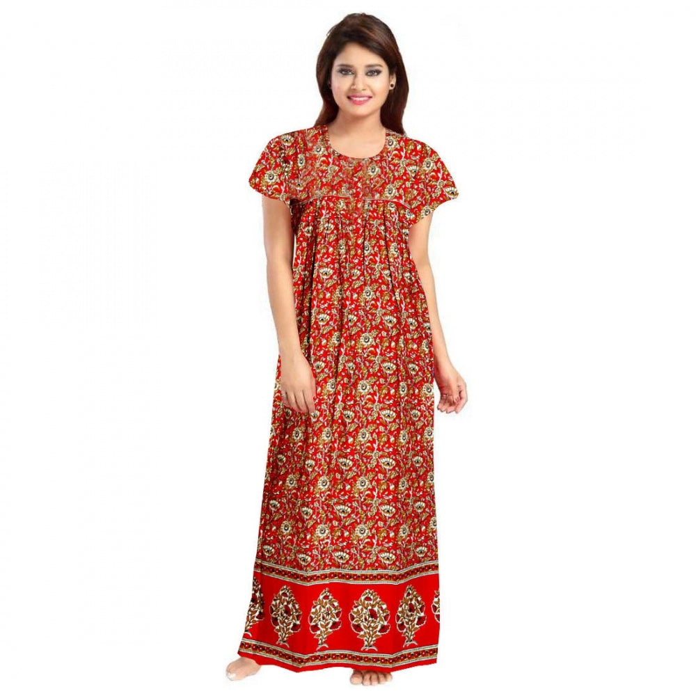 Generic Women's Cotton Printed Maxi Nighty (Red) Main image