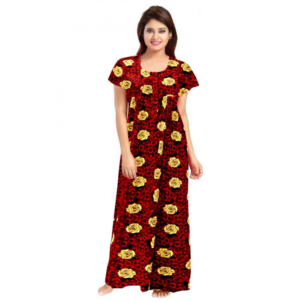 Generic Women's Cotton Printed Maxi Nighty (Maroon) Main image