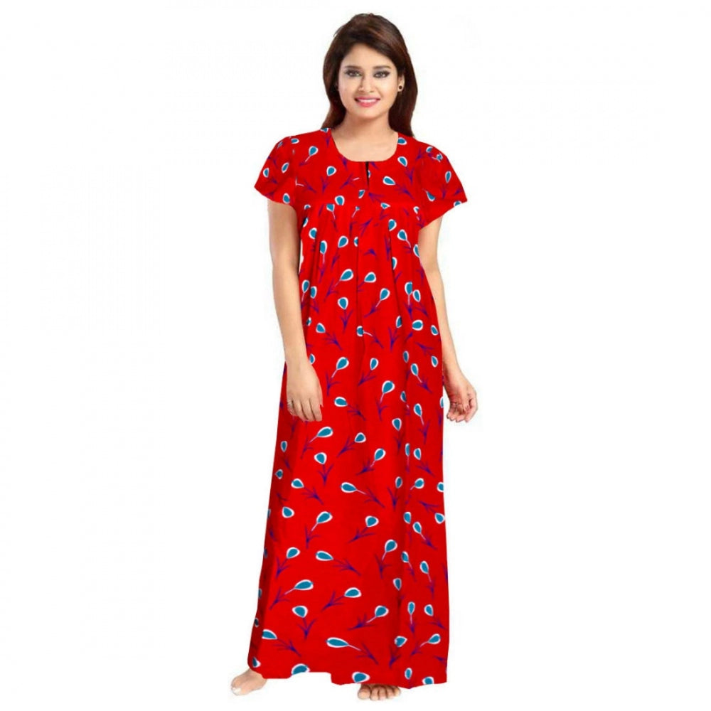 Generic Women's Cotton Printed Maxi Nighty (Red) Main image