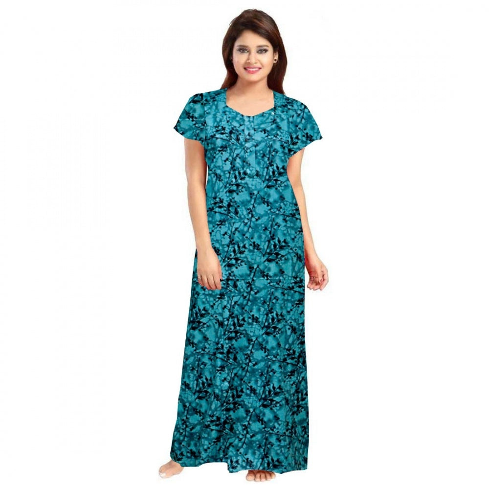 Generic Women's Cotton Printed Maxi Nighty (Blue) Main image