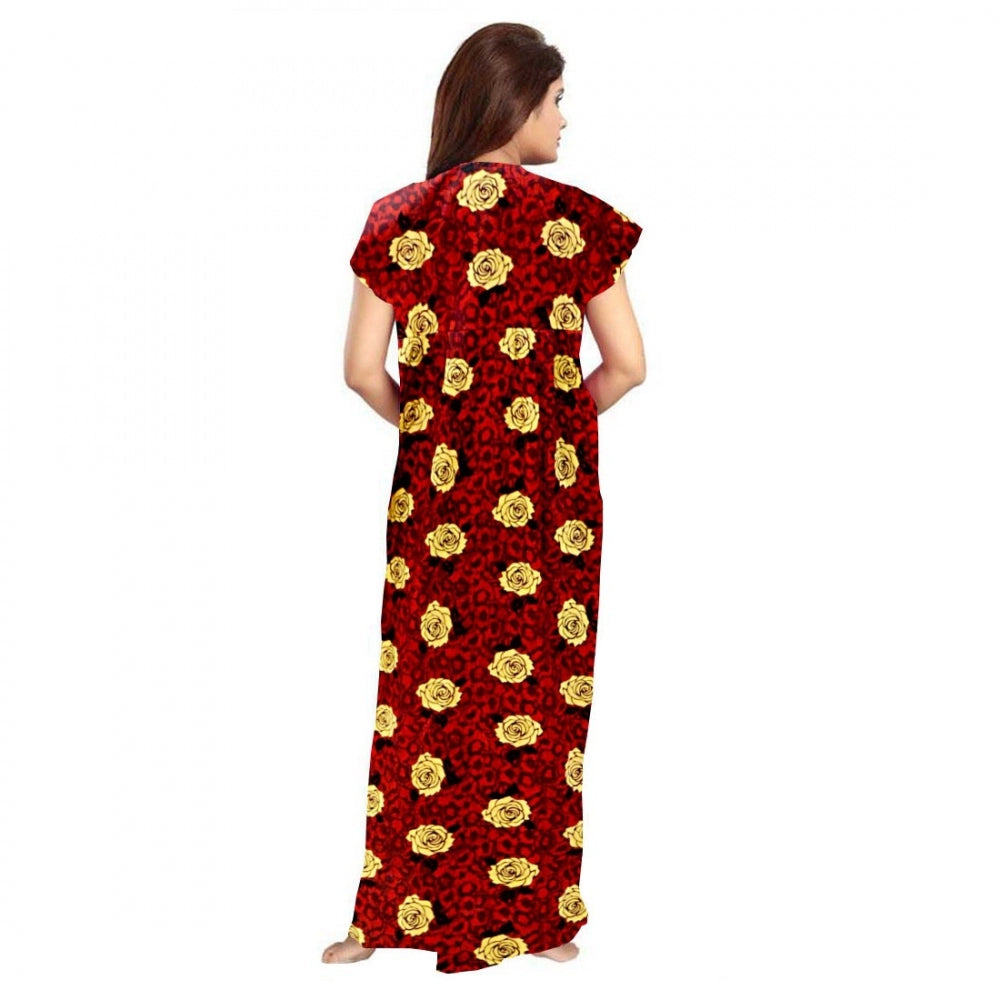 Generic Women's Cotton Printed Maxi Nighty (Maroon) Secondary image