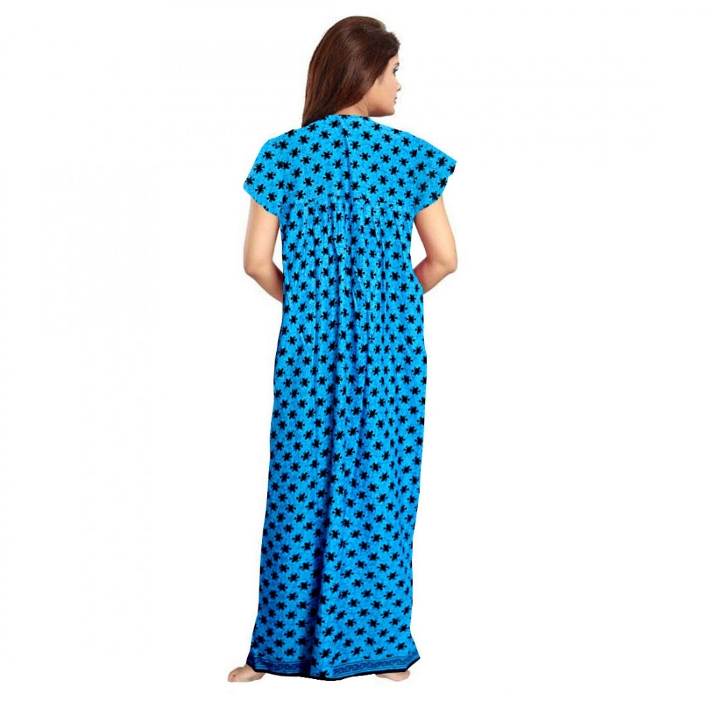 Generic Women's Cotton Printed Maxi Nighty (Aqua Blue) Secondary image