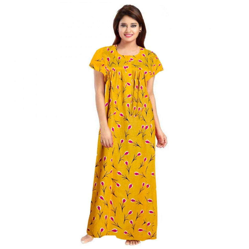 Generic Women's Cotton Printed Maxi Nighty (Yellow) Main image