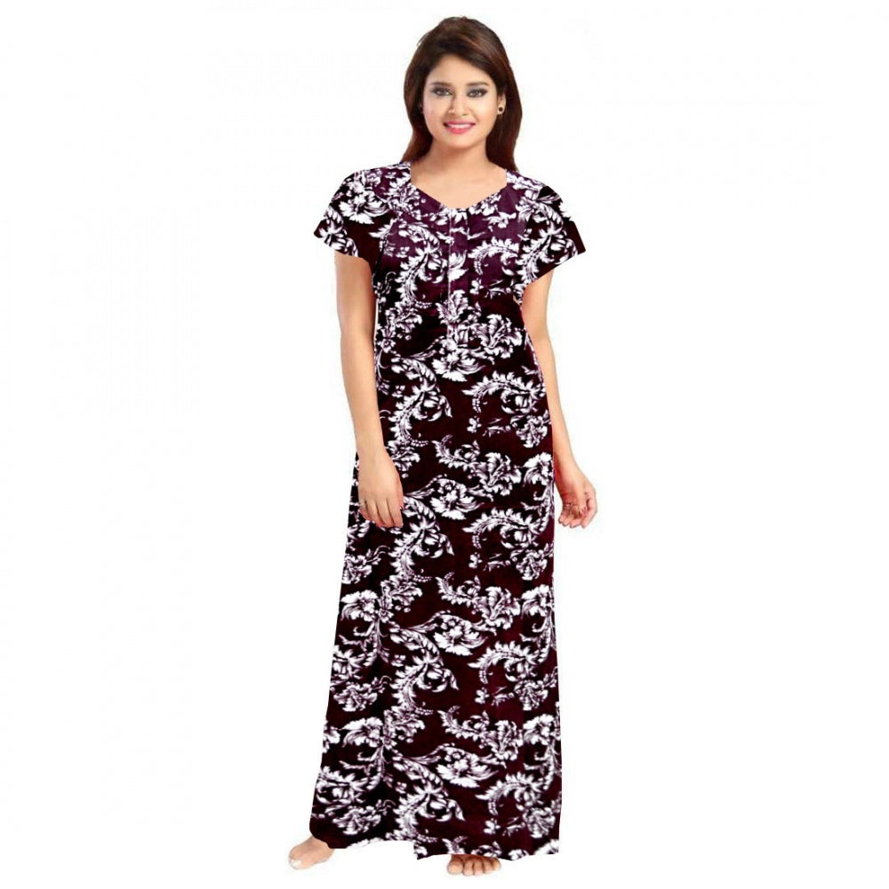 Generic Women's Cotton Printed Maxi Nighty (Wine) Main image