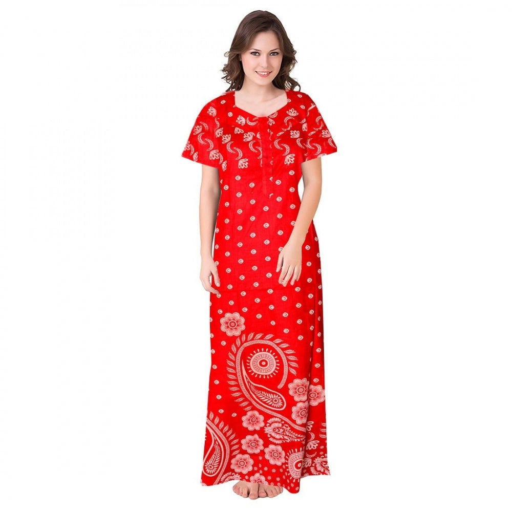 Generic Women's Cotton Printed Maxi Nighty (Red) Main image