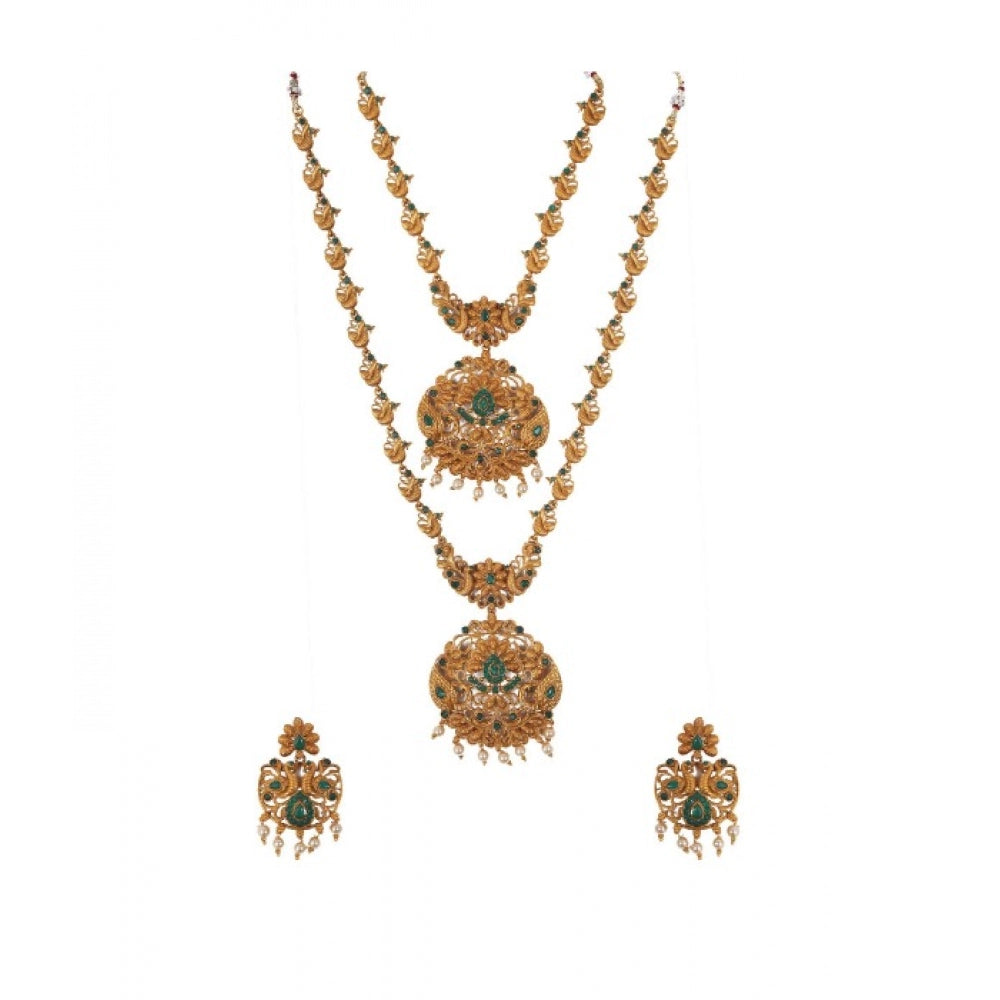 Generic Women's Elegent And Modern Double Line Temple Jewellery Set (Green, Free Size) Main image
