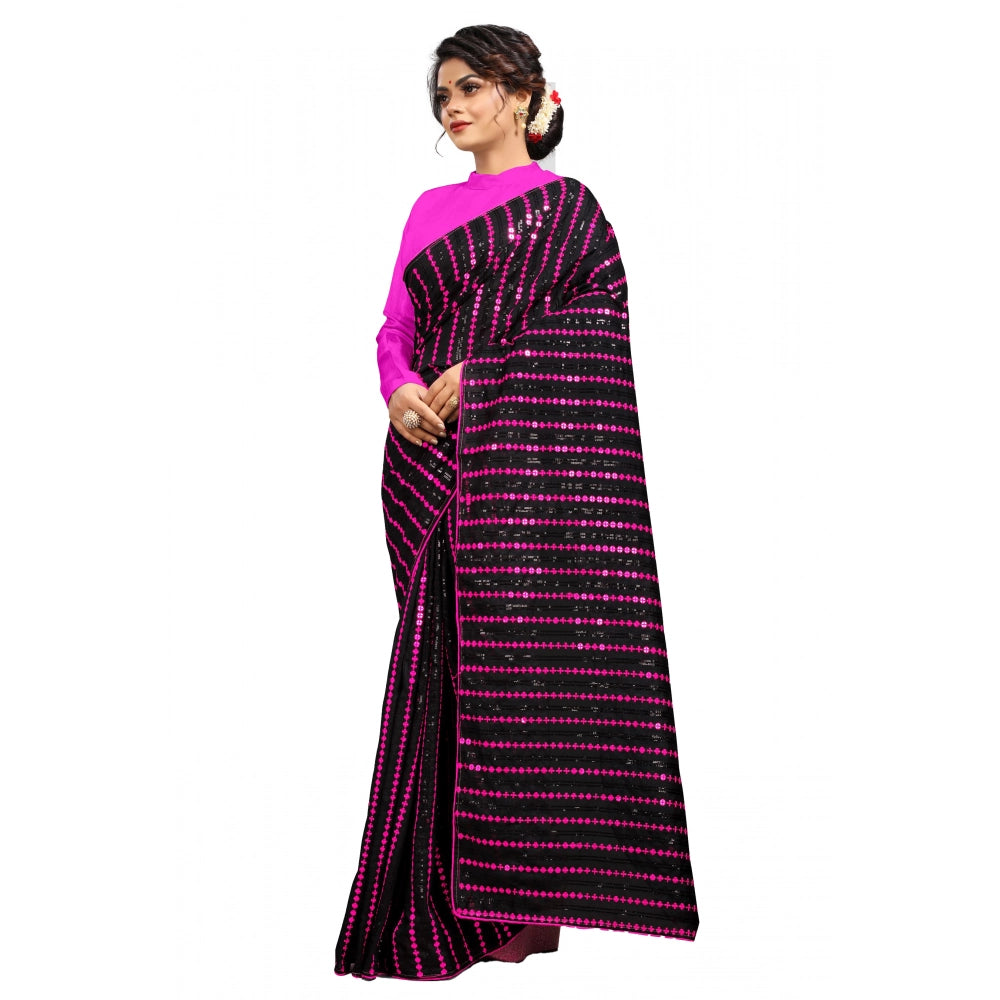 Generic Women's Vichitra Saree with Blouse (Pink, 5-6 Mtrs) Main image