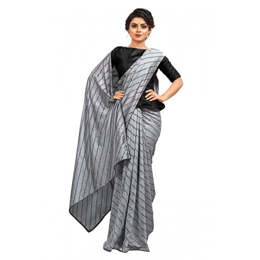 Generic Women's Vichitra Saree with Blouse (Grey, 5-6 Mtrs) Main image