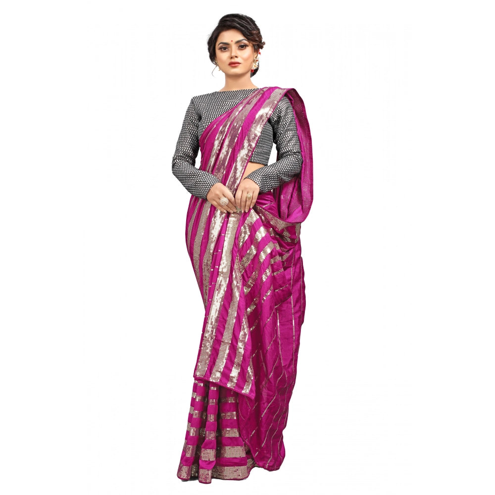 Generic Women's Vichitra Saree with Blouse (Pink, 5-6 Mtrs) Main image